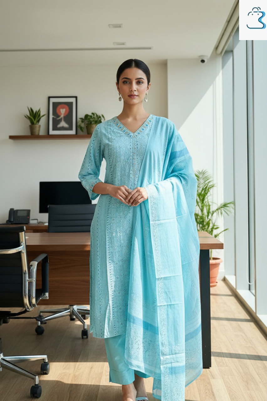 Sky blue Block Printed Salwar Kameez Set with Dupatta for Women