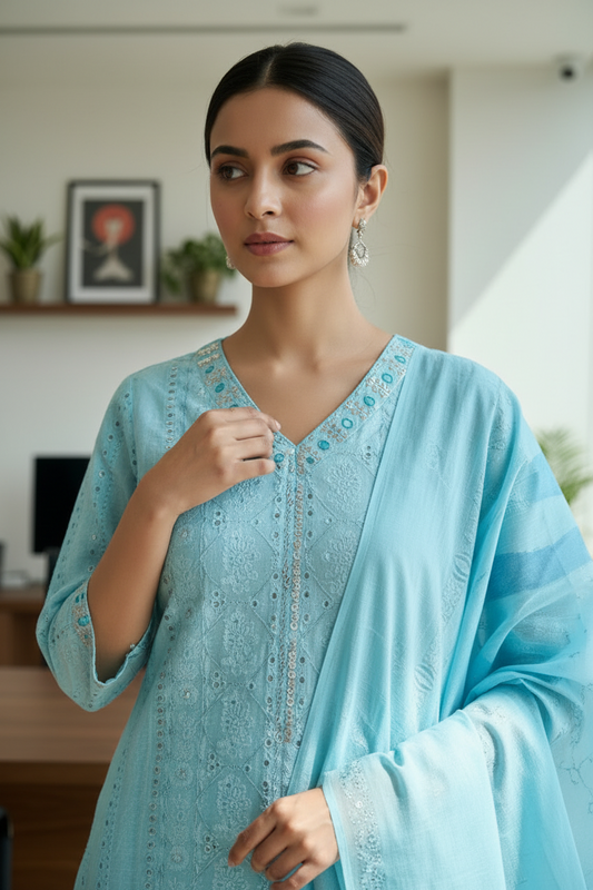 Sky blue Block Printed Salwar Kameez Set with Dupatta for Women