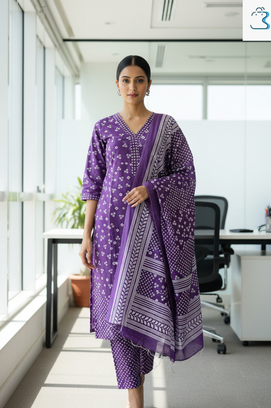 Puple Block Printed Salwar Kameez Kurta Set with Dupatta for Women
