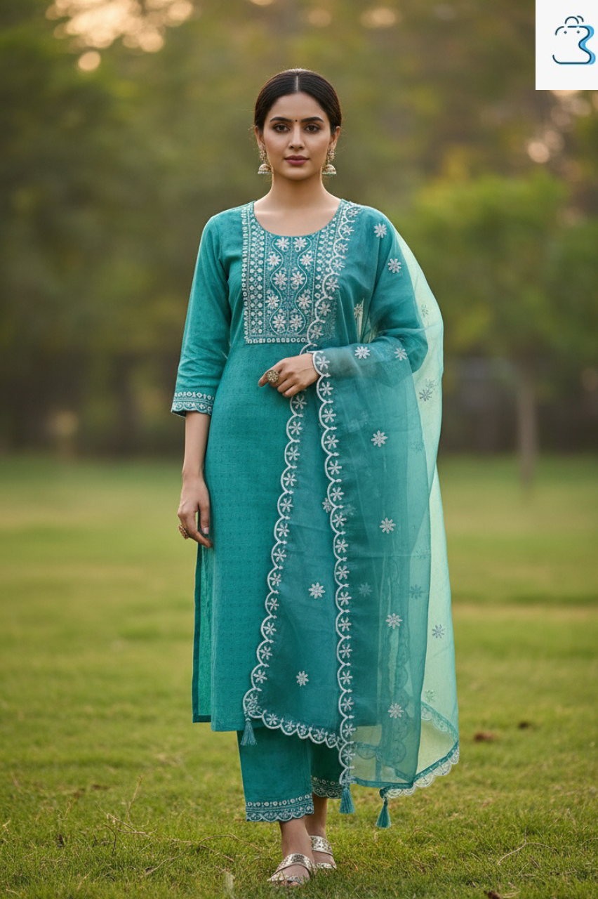 Aqua Green Embroidered Cotton Kurti Set with dupatta for Women