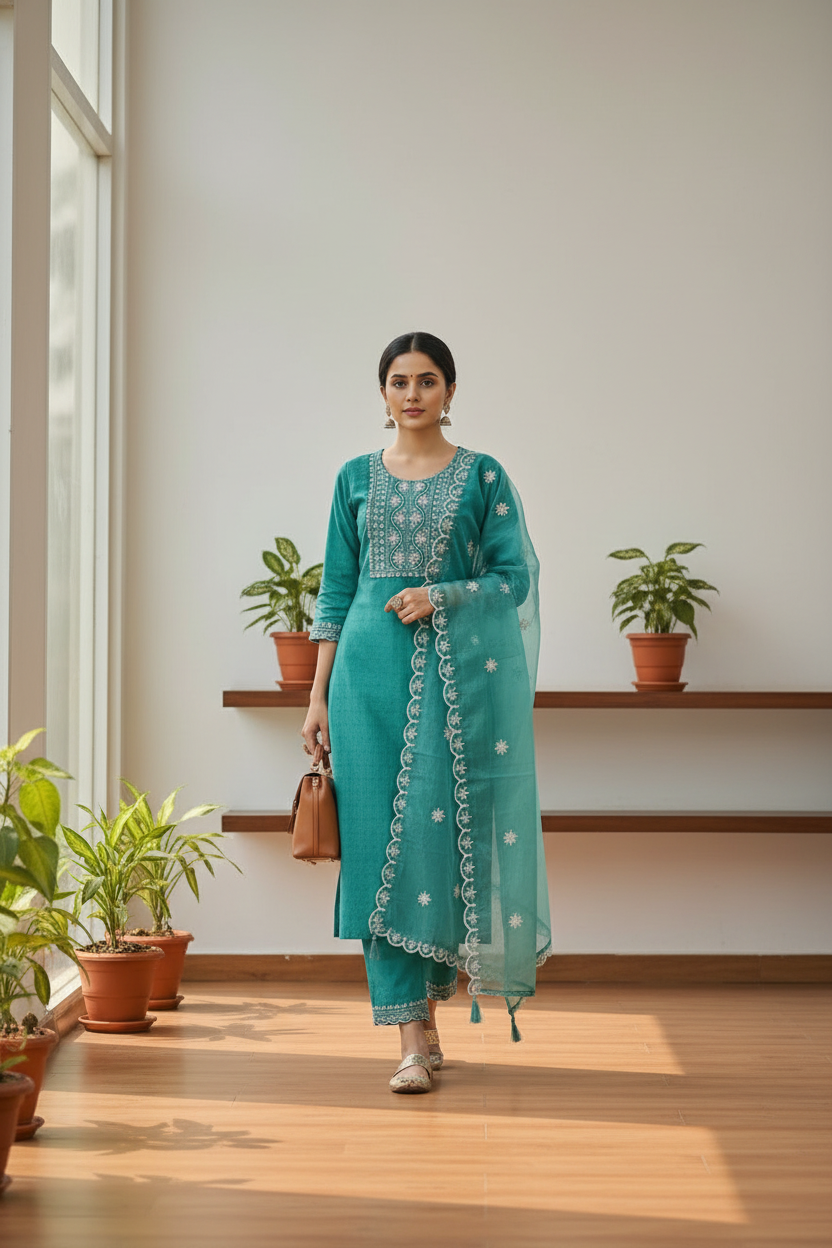 Aqua Green Embroidered Cotton Kurta Set with Dupatta
