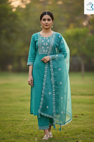 Aqua Green Embroidered Cotton Kurti Set with dupatta for Women