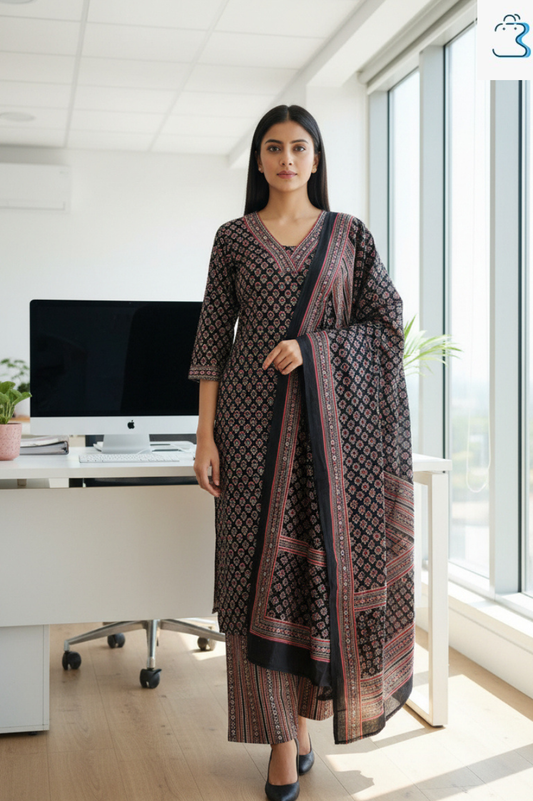 Black Block Printed Salwar Kameez Kurta Set with Dupatta for Women