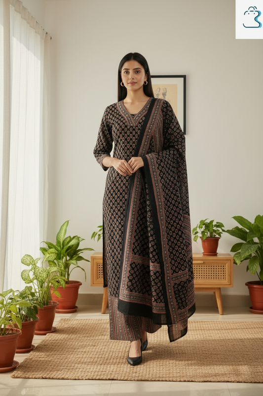 Black Block Printed Cotton Salwar Kameez Set with Dupatta
