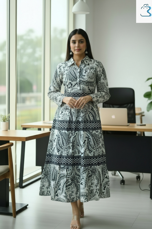 White & Navy Blue Paisley Printed Tiered Kurti Maxi Dress for Women