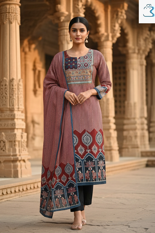 Rust Brown Cotton Kurta Set with Dupatta for Women