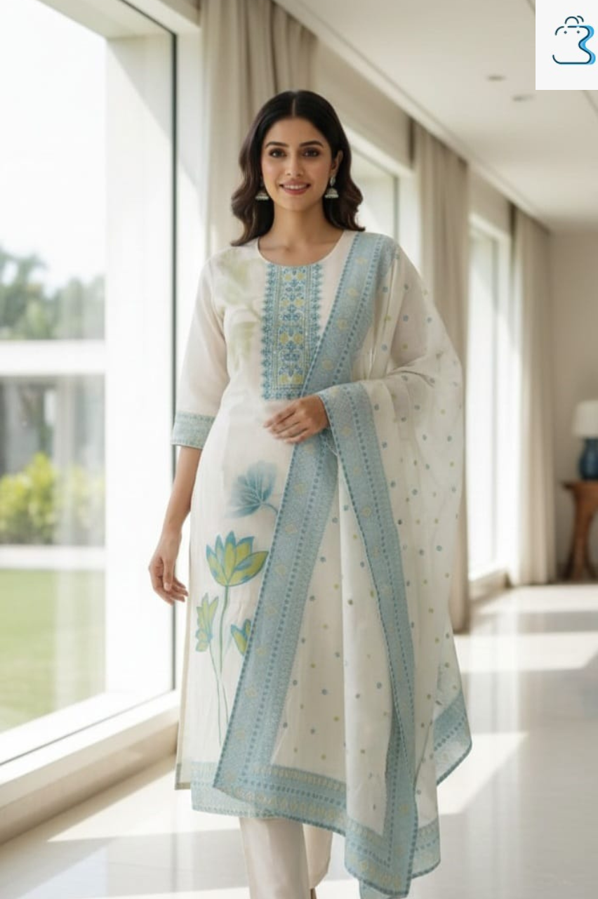 White Handloom Cotton Kurti Set for Women with Dupatta