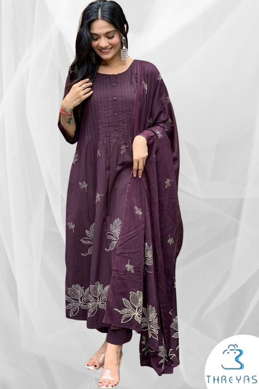 Wine Cotton Kurtis Set for women with Printed Dupatta