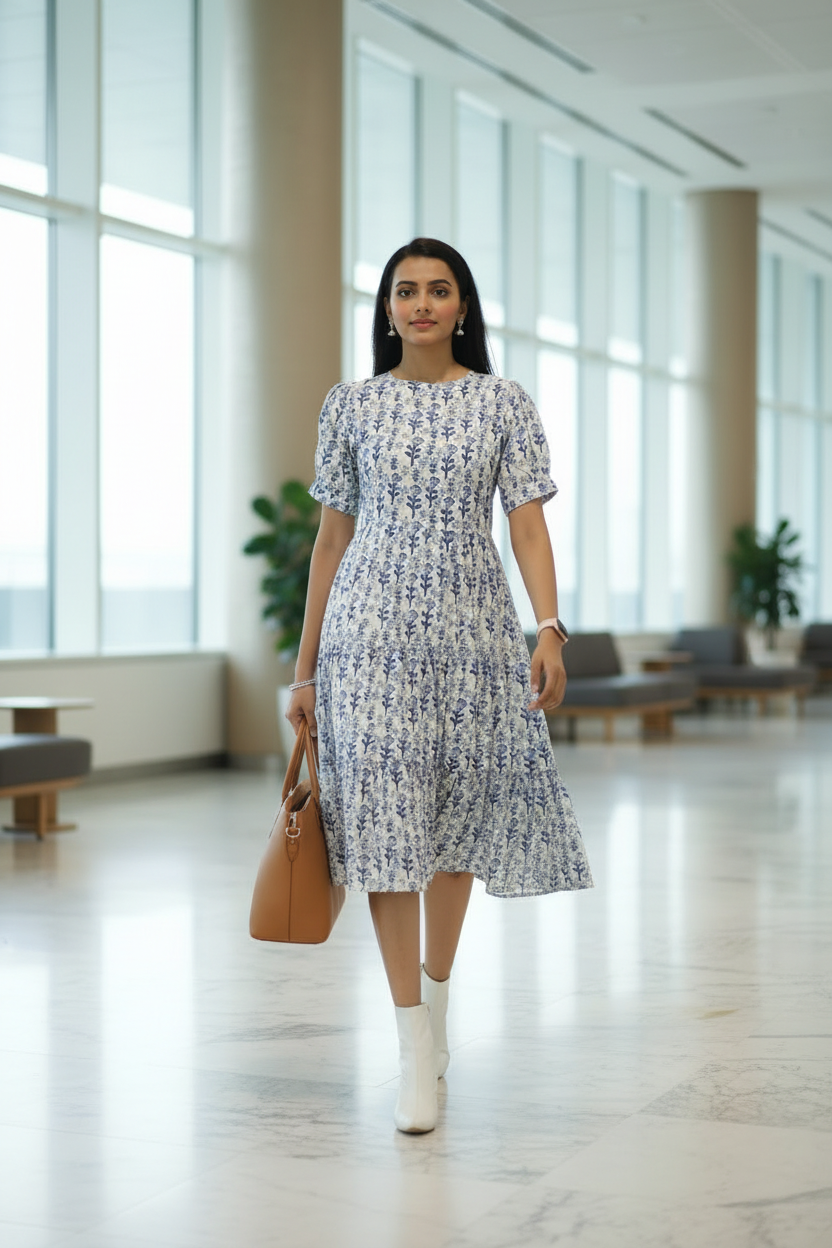 White Bagru Handblock Printed Cotton Dress