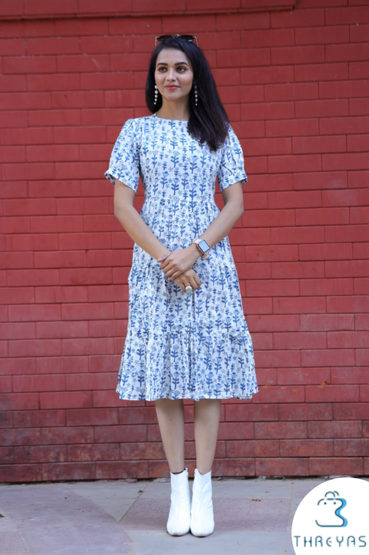 White Bgaru HandBlock Printed Cotton Dress