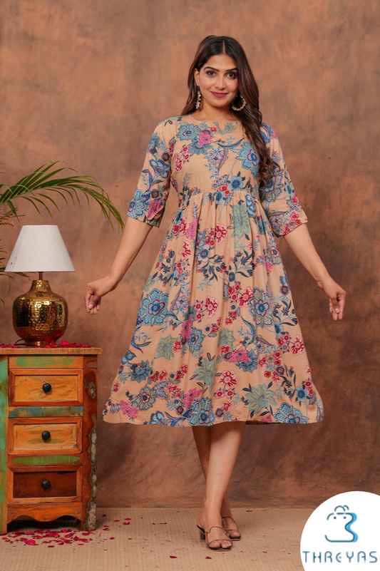 Light Beige Floral HandBlock Printed Cotton Dress