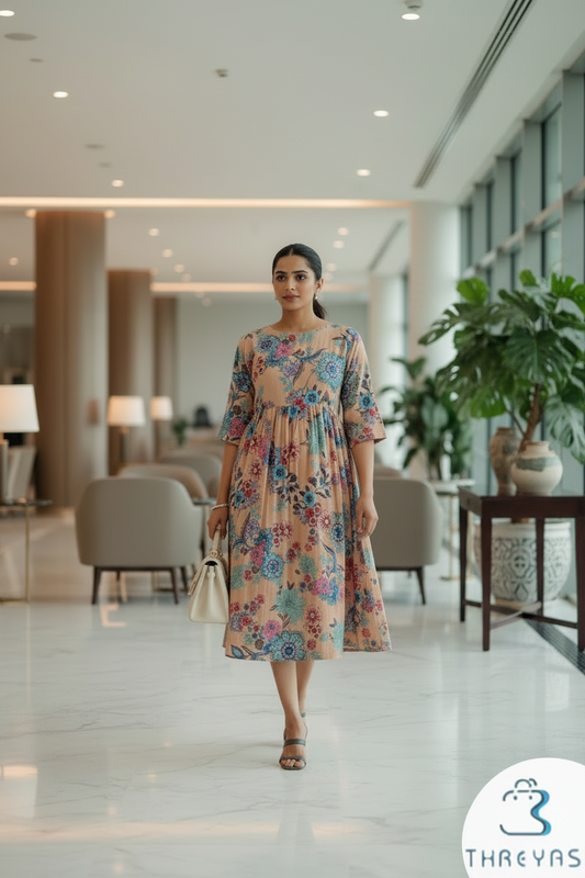 Beige & Peach Floral Handblock Cotton Dress