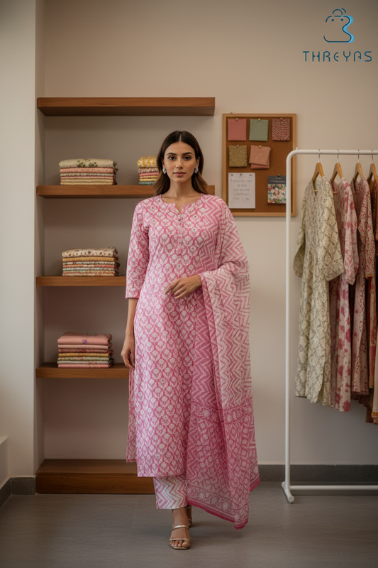 White and Pink Cotton Kurti Set for Women with Dupatta