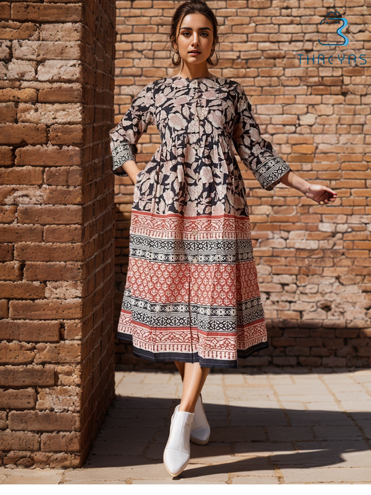 Cream Ajrak Printed Kurti