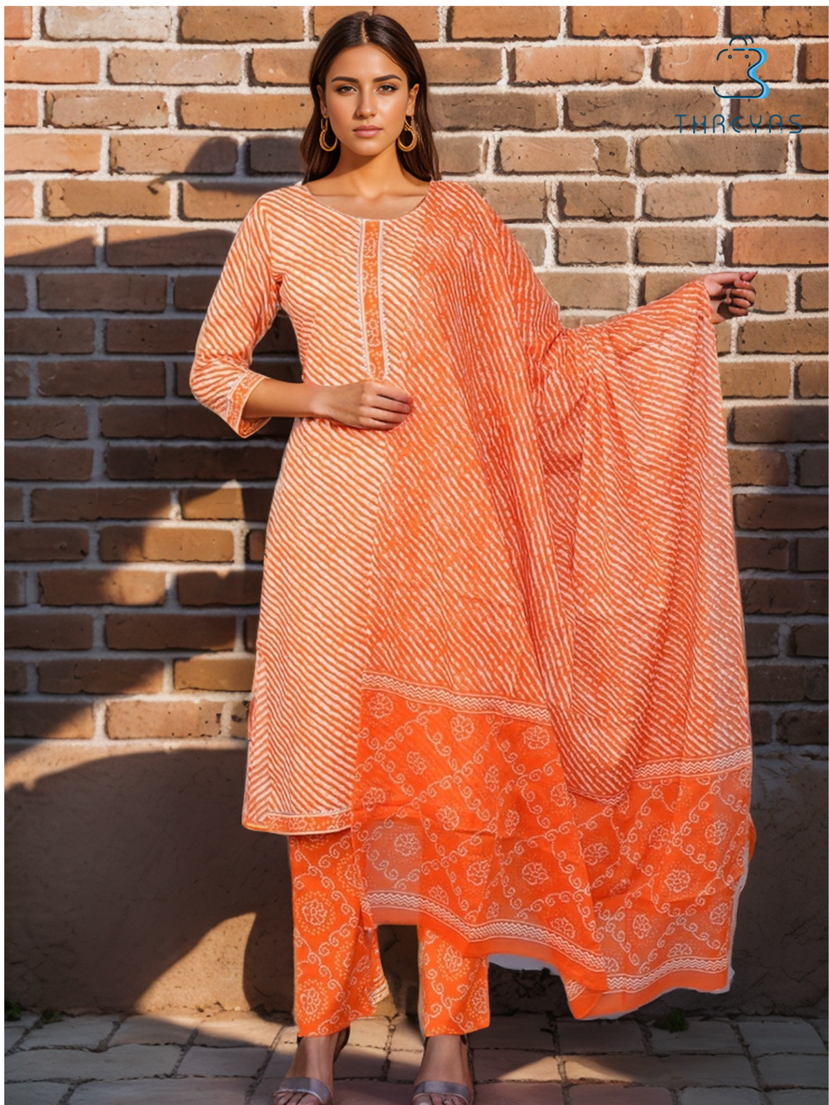 Orange Cotton kurthis Set for women with Dupatta