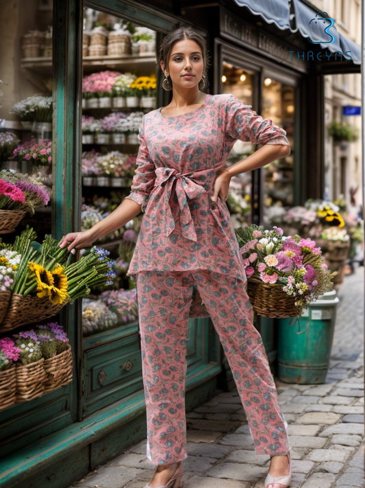 Pink Pure Cotton Hand Block Printed Co-Ord Kurthis Set with Front tie-ups for women