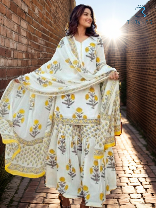 Women White Cotton Pure Cotton Floral Print Kurthis Set with Sharara and Dupatta for women