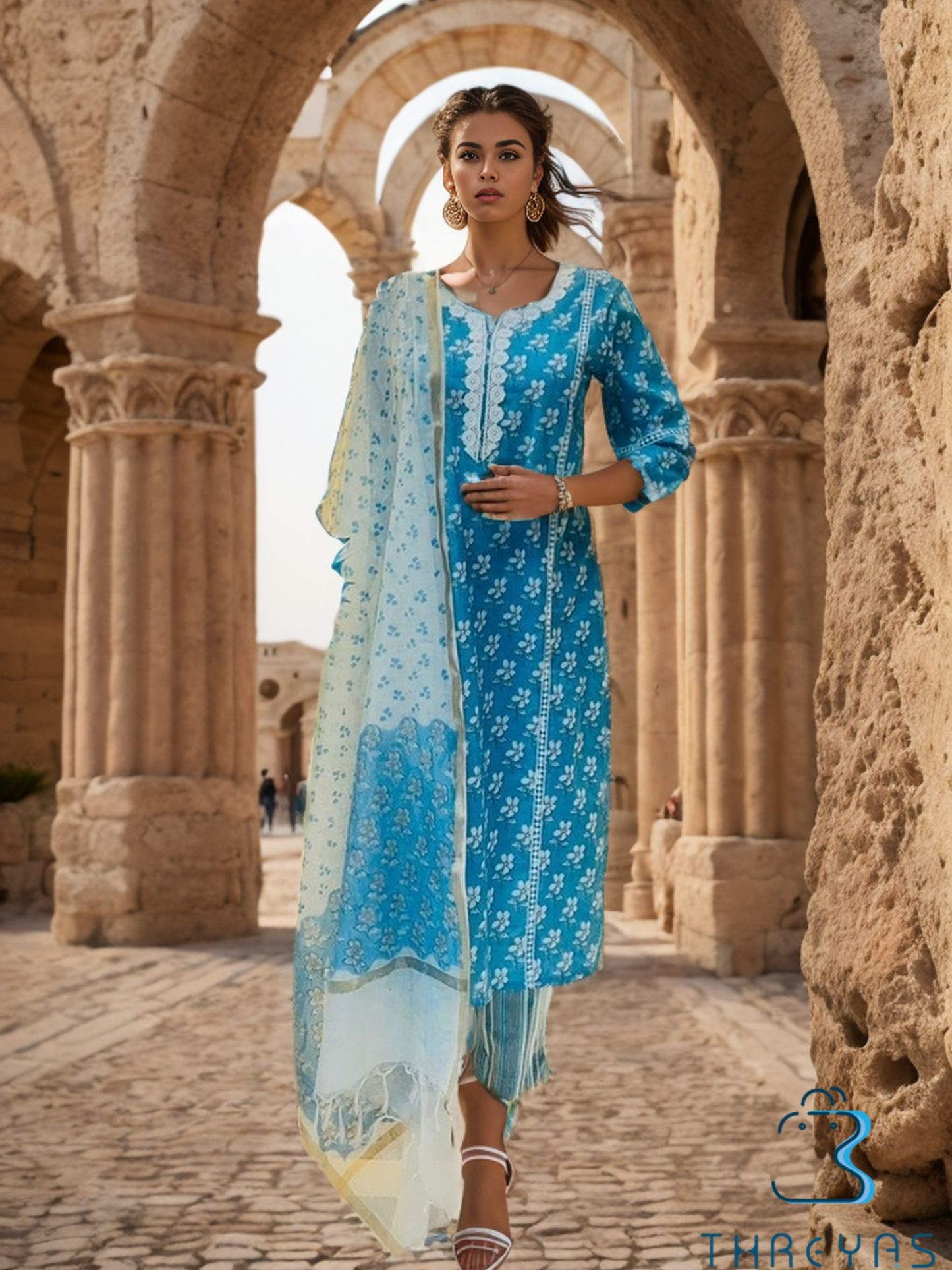 Sky Blue Cotton Kurthis Set Embellished with white Lace for women