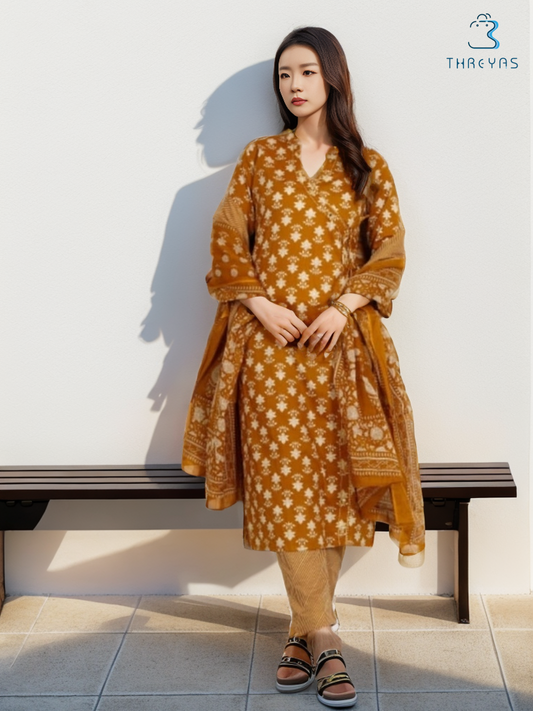 Mustard Cotton Kurtis Set for women with Cotton Dupatta