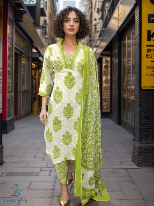 Green Cotton Kurtis Set for women with Cotton Dupatta