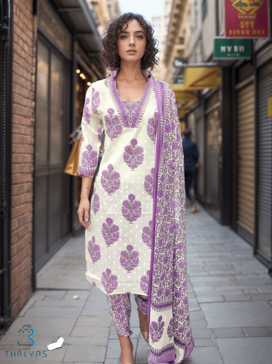 Purple Cotton Kurtis Set for women with Cotton Dupatta