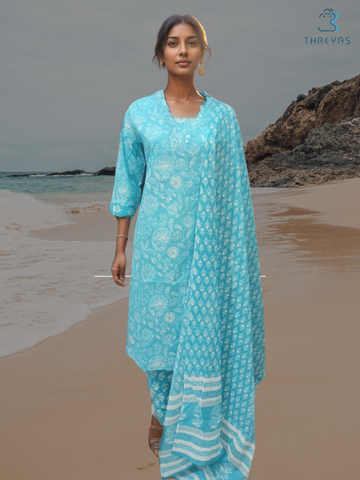 Sky Blue Cotton Kurtis Set for women with Cotton Dupatta