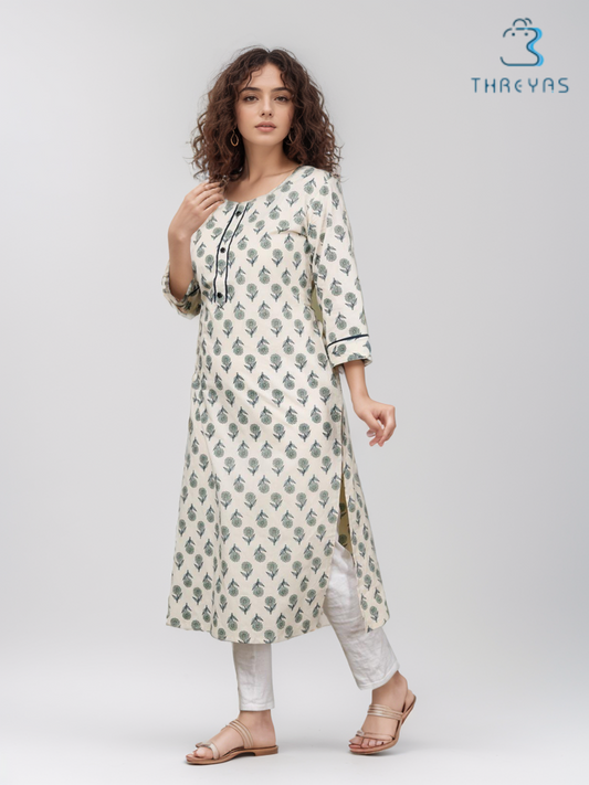 Cream Printed Long kurti for women