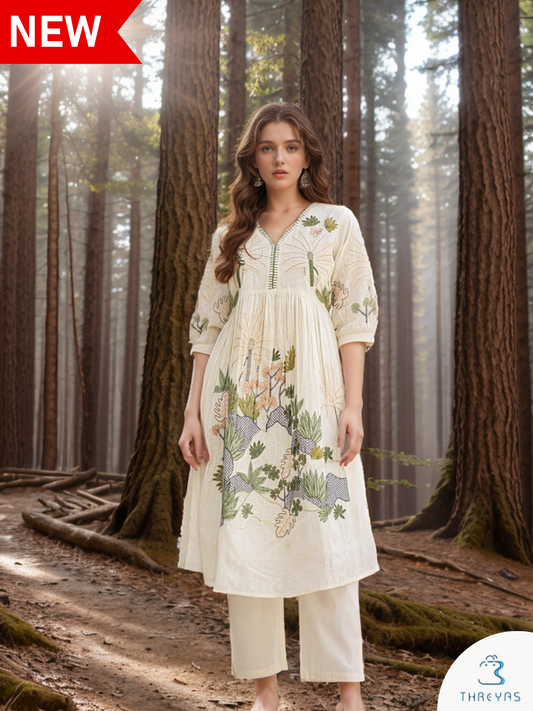 Cream Embroidery Premium  Cotton Anarkali Set for women