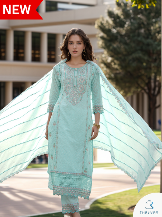Light Blue Cotton Kurtis Set With All Over Work for women with Dupatta