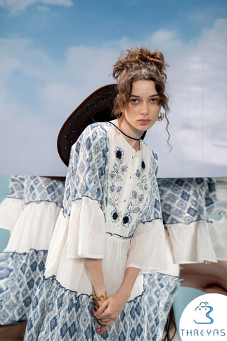 White Cotton flared Dress with Thread work