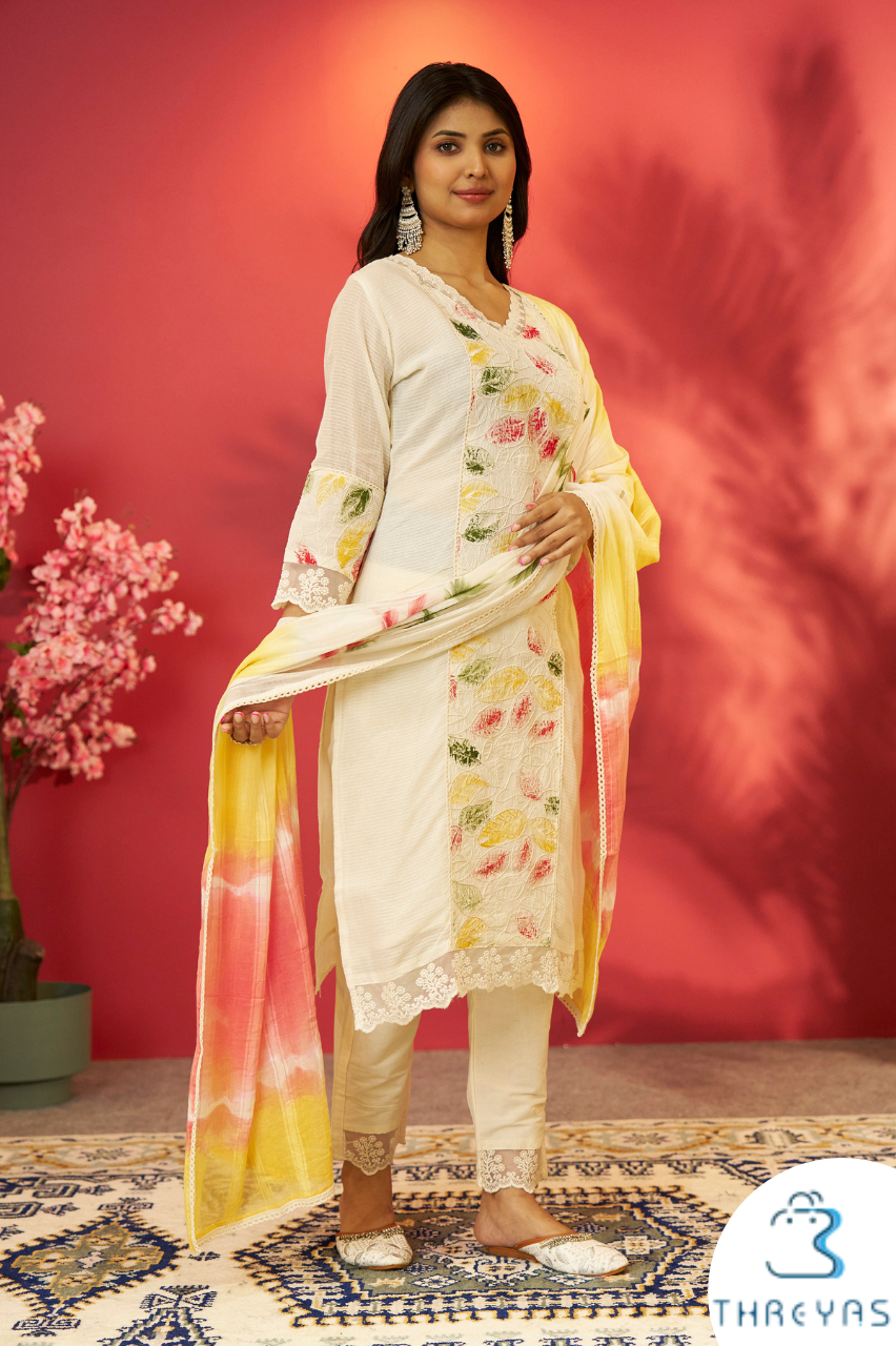 Beige and Yellow Kota Cotton Kurtis Set for women with Printed Dupatta