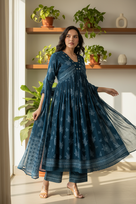 Blue Alia-Cut Cotton Kurti Set with Dupatta