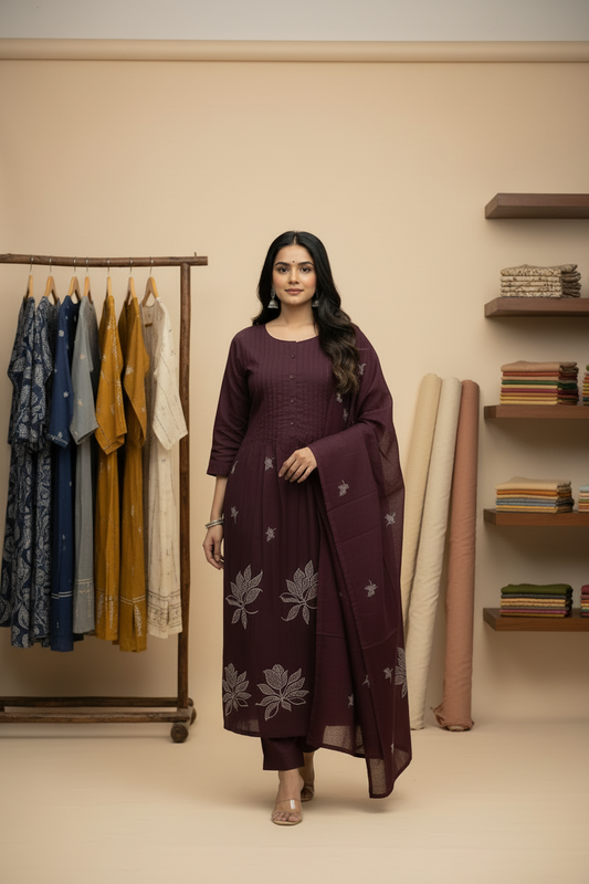 Wine Cotton Kurti Set with Printed Dupatta