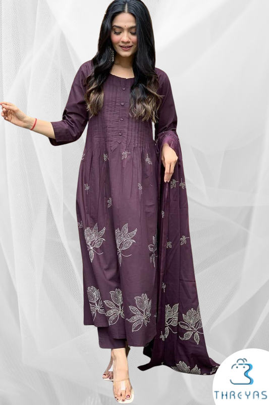 Wine Cotton Kurtis Set for women with Printed Dupatta