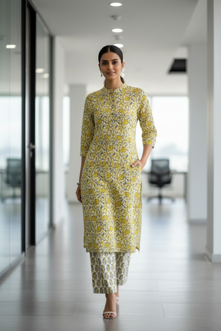 White and Yellow Cotton kurthis Set for women