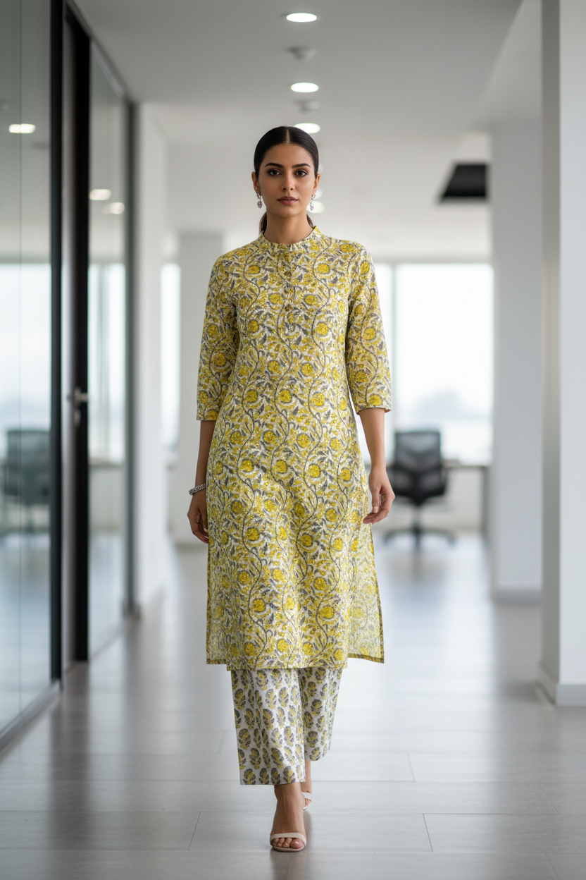 White and Yellow Cotton kurthis Set for women