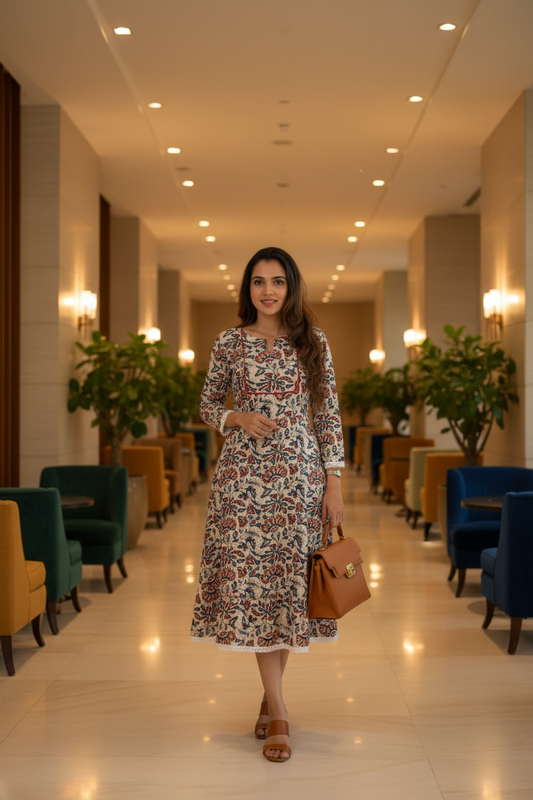 Beige Bagru Handblock Cotton Tunic Dress