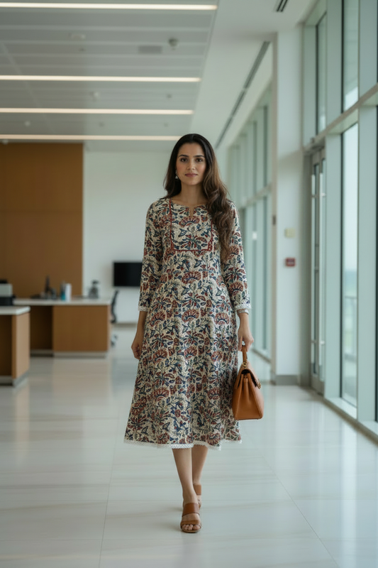 Beige Bagru Handblock Cotton Tunic Dress