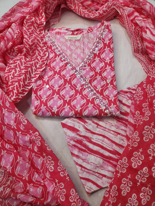 Pink Cotton Angarkha Kurti Set for Women with Dupatta – Anarkali Style & V-Neck
