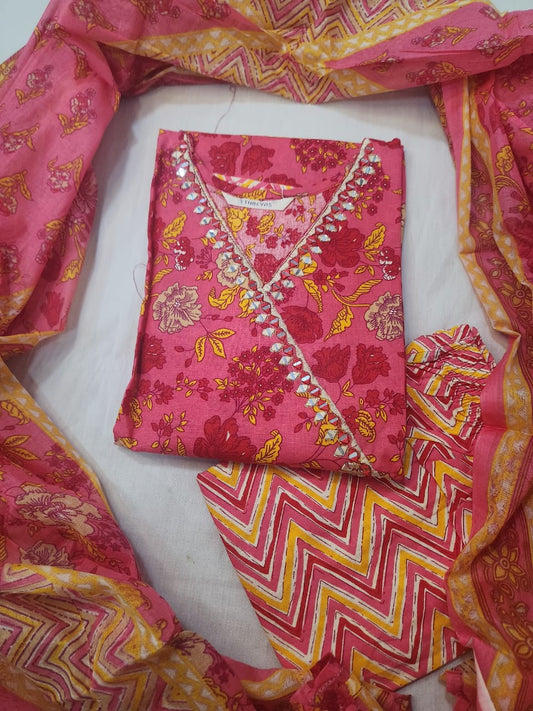 Pink Yellow Cotton Kurti Set for Women with Dupatta – Angarkha Anarkali Style & V-Neck