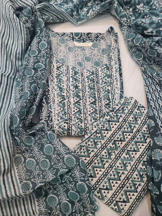 Green Tribal Printed Cotton Kurti Set with Mirror Work – Round Neck Anarkali