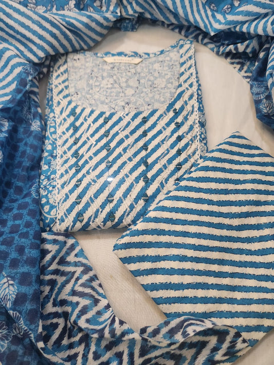 Sky Blue Striped Cotton Kurti Set with Mirror Work – Round Neck Anarkali