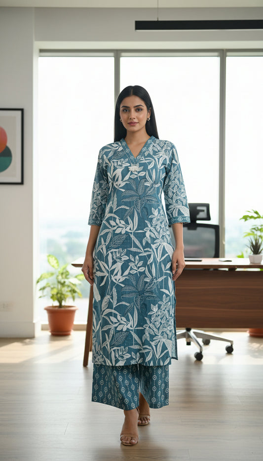 Sky Blue Leaf Printed Kurti Set for Women