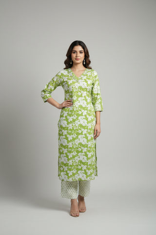 Light Green Floral Printed Cotton Kurti Set for Women with Dupatta