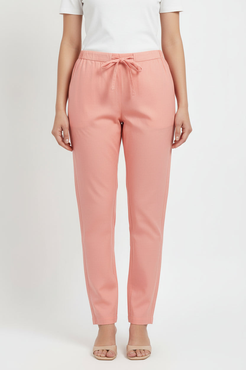 Peach Solid Cotton Casual Pants for Women
