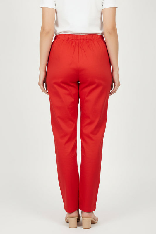 Red Solid Cotton Casual Pants for Women