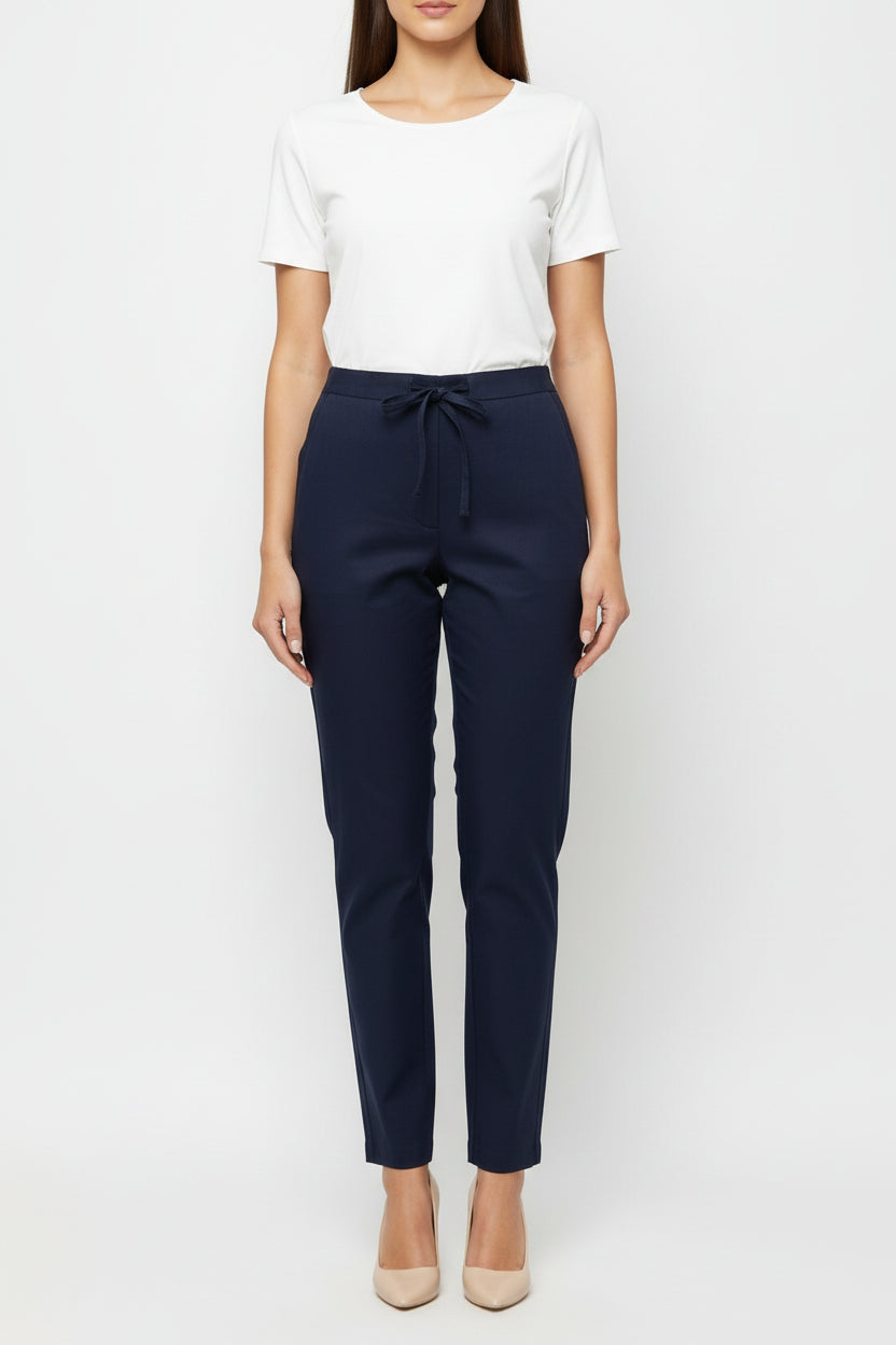 Navy Blue Cotton Casual Pants for Women