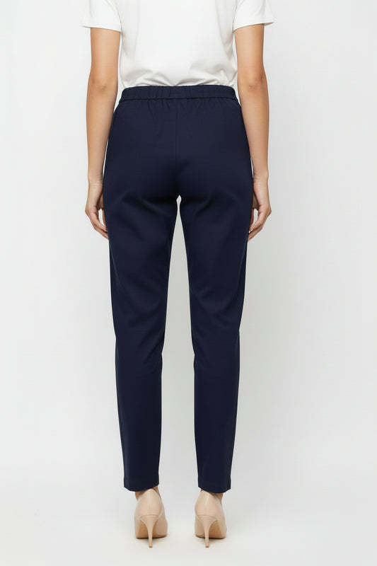 Navy Blue Cotton Casual Pants for Women