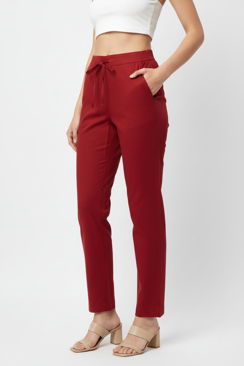 Maroon Cotton Casual Pant for Women