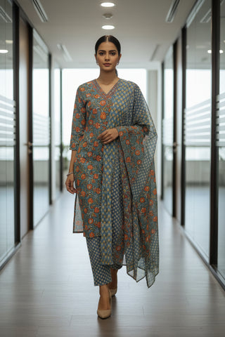 Gray Floral Printed Cotton Kurti Set for Women with Dupatta